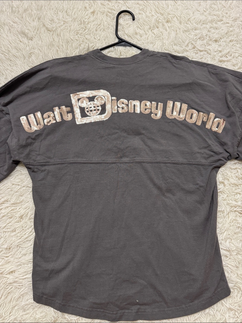 Disney women’s  Charcoal Gray Long Sleeve Shirt with Rose Gold Sequin Logo